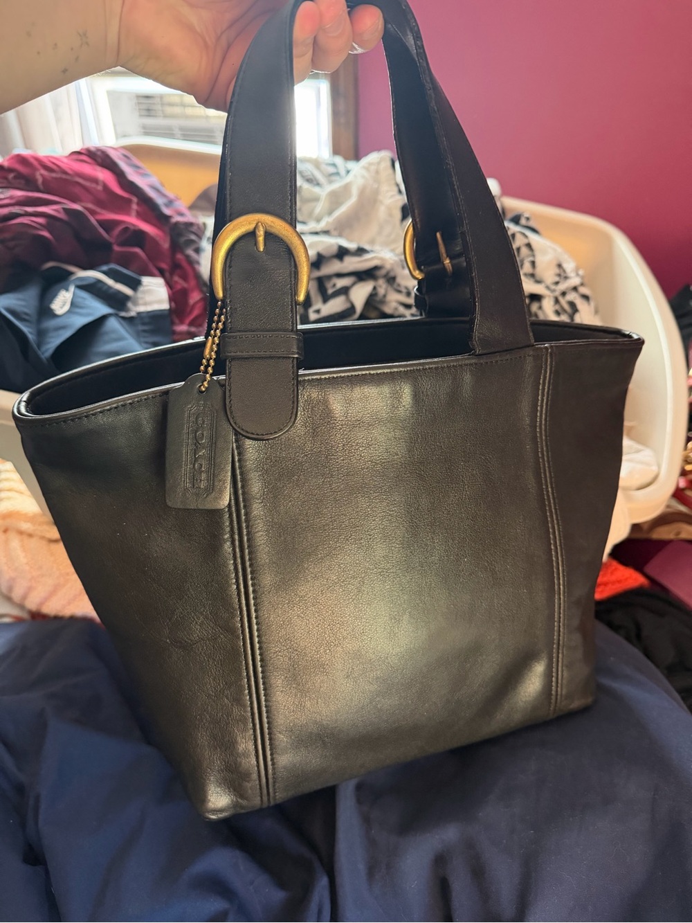 Coach Black Leather Tote with Gold Buckle Accents